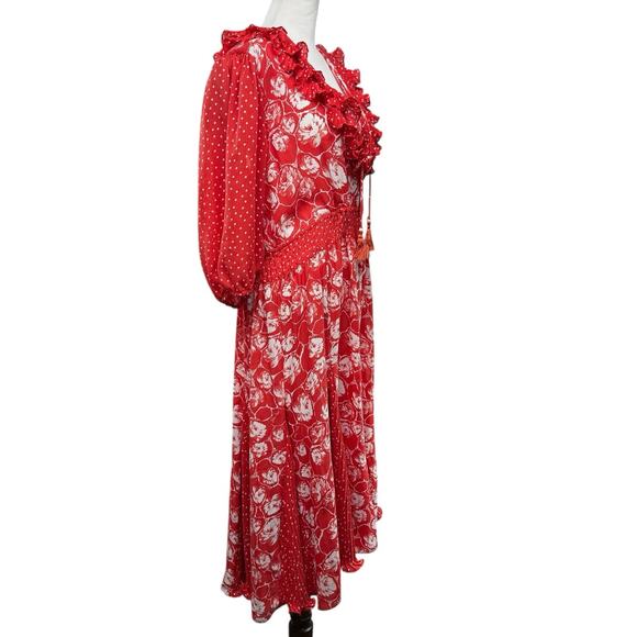 Diane Freis Georgette Midi Dress Size Large Pleated Floral Red Ruffles VTG 80s - Picture 5 of 10